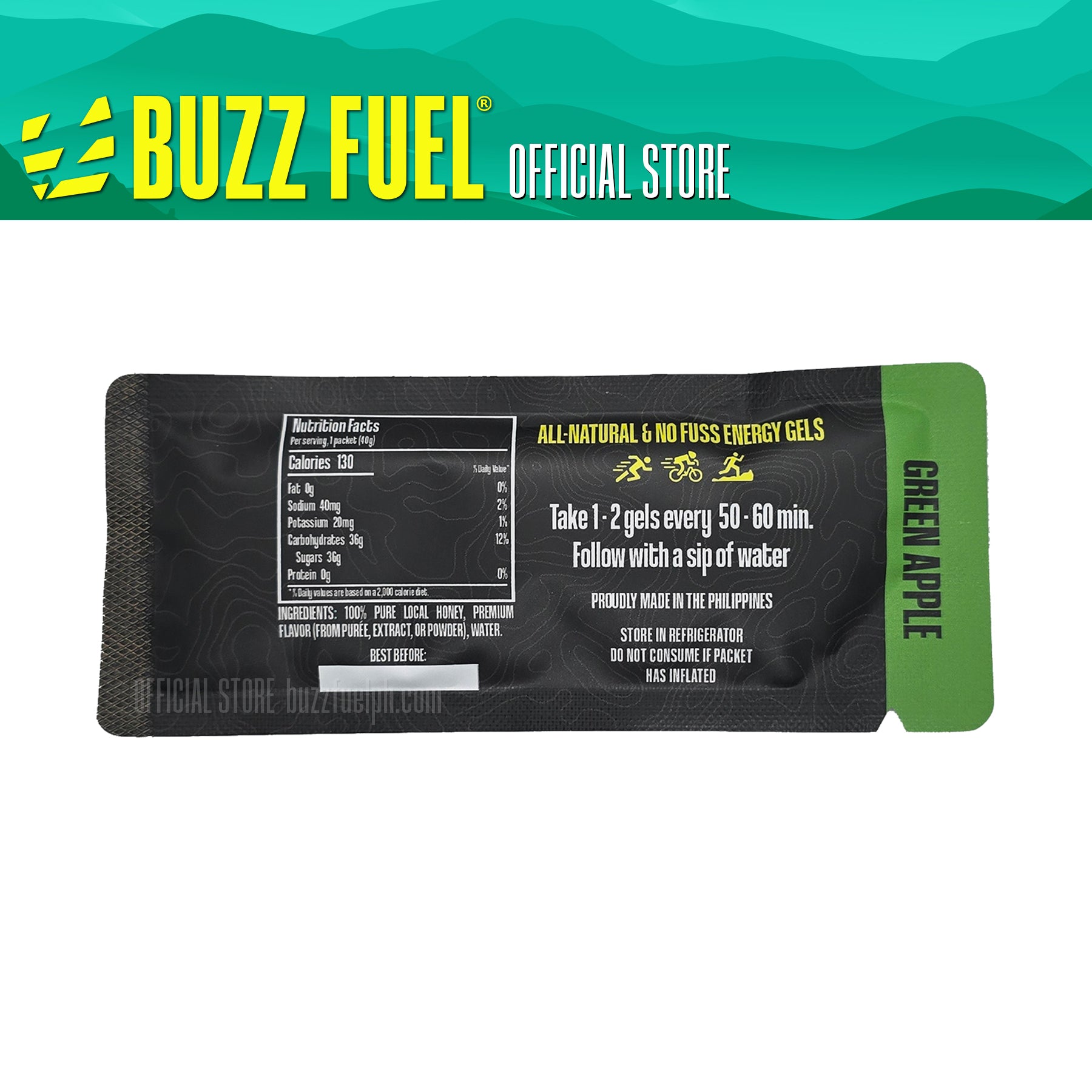Buzz Fuel Energy Gel - Green Apple (3/5/10 Gels)